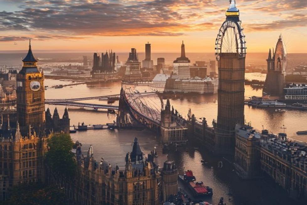 Paisagem icônica de Londres destacando marcos históricos durante o pôr do sol.