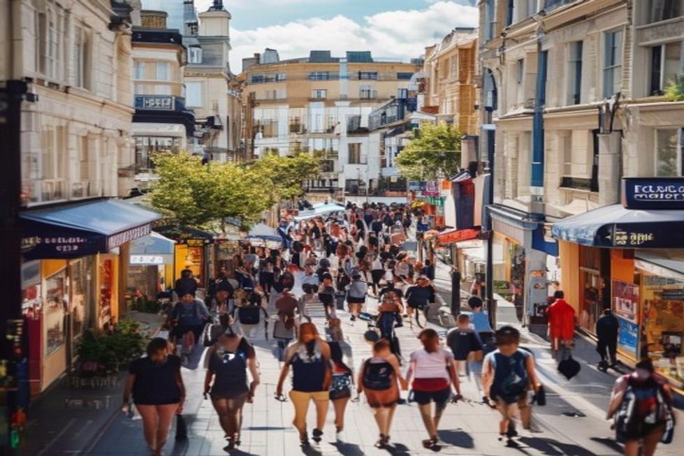 Rua movimentada em Londres mostrando opções de hotéis para turistas.