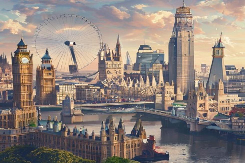 Vista panorâmica de Londres com Big Ben e London Eye.