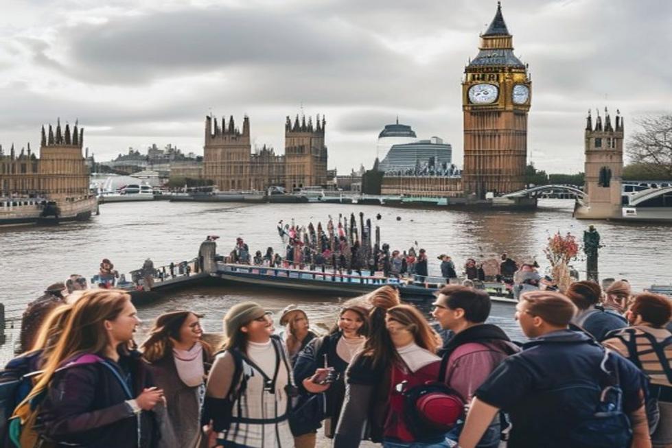 Turistas em Londres cercados por marcos históricos icônicos.