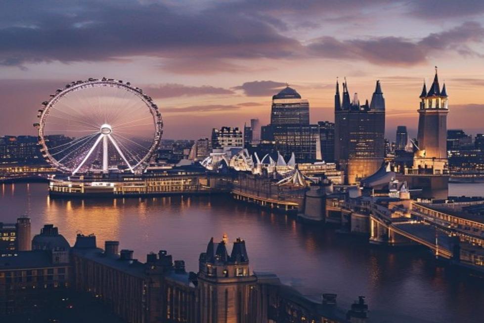 Vista do horizonte de Londres ao anoitecer com o London Eye e Tower Bridge.