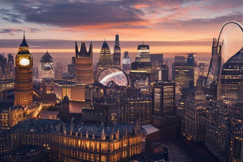 Imagem do horizonte de Londres com marcos famosos à luz do pôr do sol.