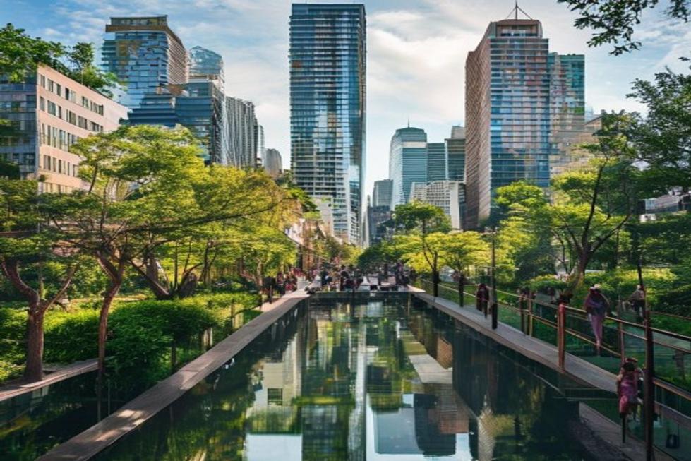 Paisagem urbana de Curitiba mostrando a integração entre a natureza e a arquitetura moderna.