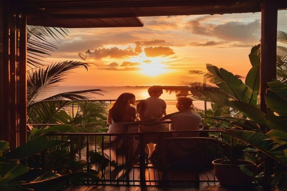Casal apreciando um pôr do sol de um hotel em Salvador
