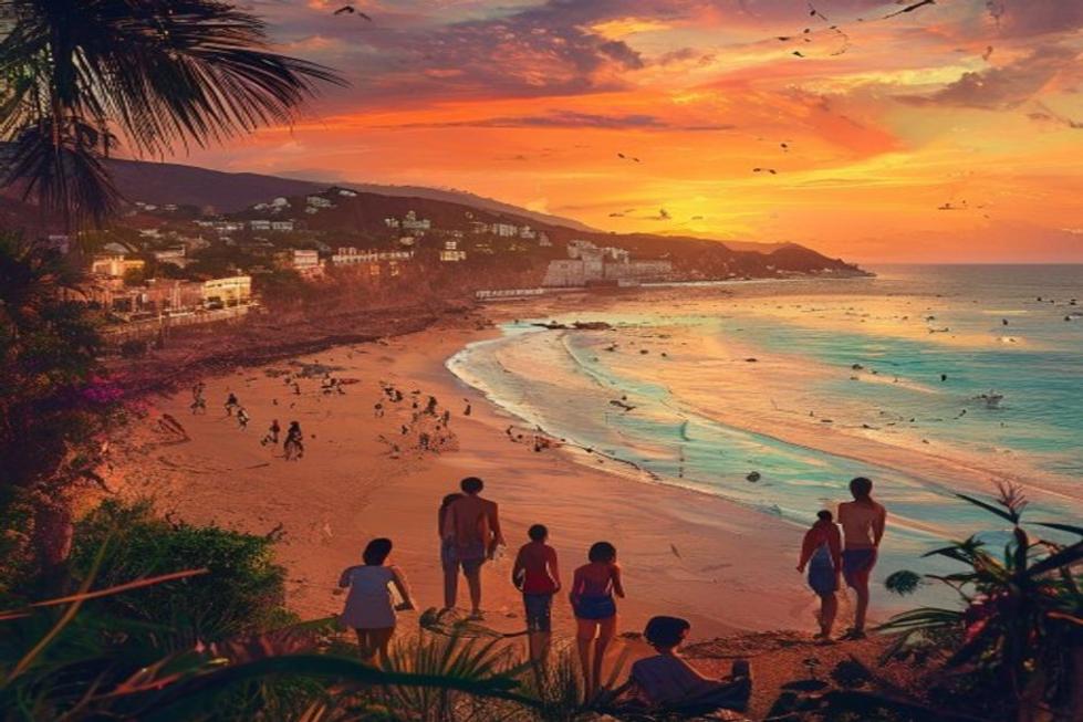 Vista da praia de Salvador durante o pôr do sol.