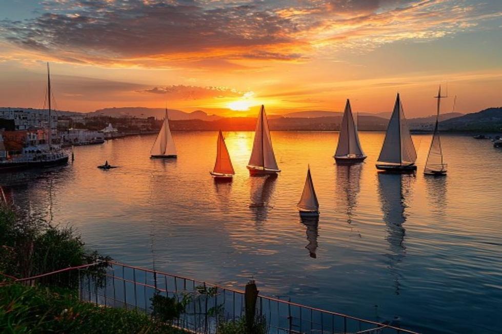 Vista do pôr do sol no porto de Salvador.