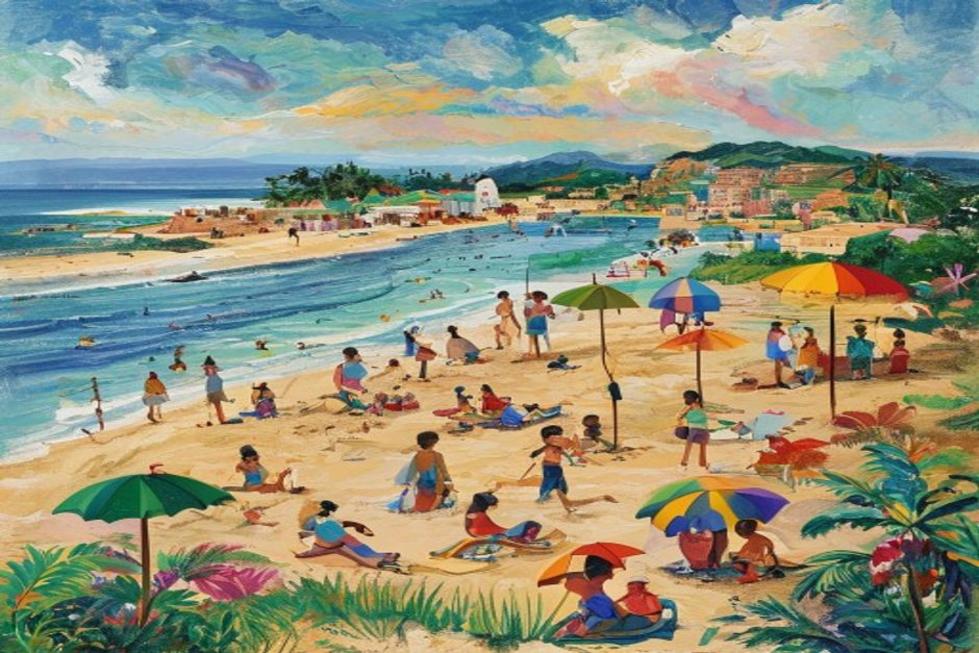 Vista vibrante da praia de Salvador, mostrando famílias se divertindo juntas.