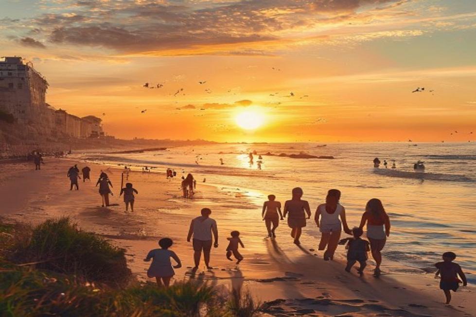 Famílias caminhando pela costa de Salvador ao pôr do sol.