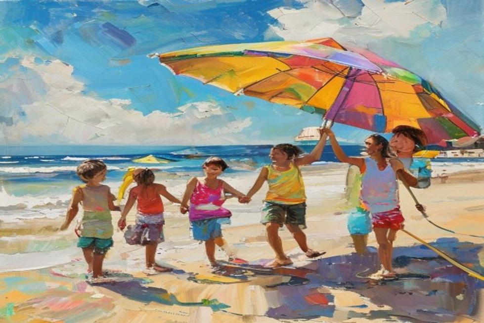 Família sorrindo na praia de Salvador, aproveitando as férias.