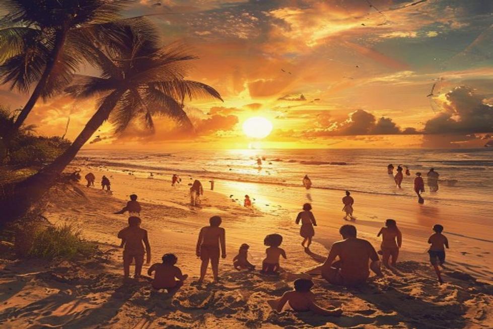 Pôr do sol em uma praia de Salvador, com famílias se divertindo.