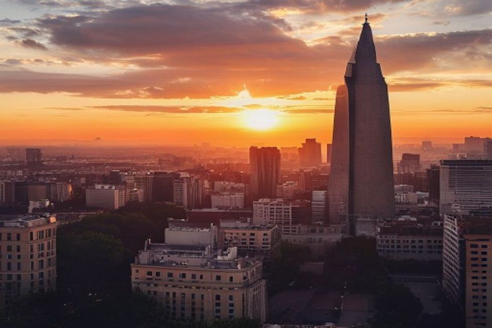 Vista panorâmica do horizonte de Buenos Aires ao pôr do sol com o Obelisco em destaque.