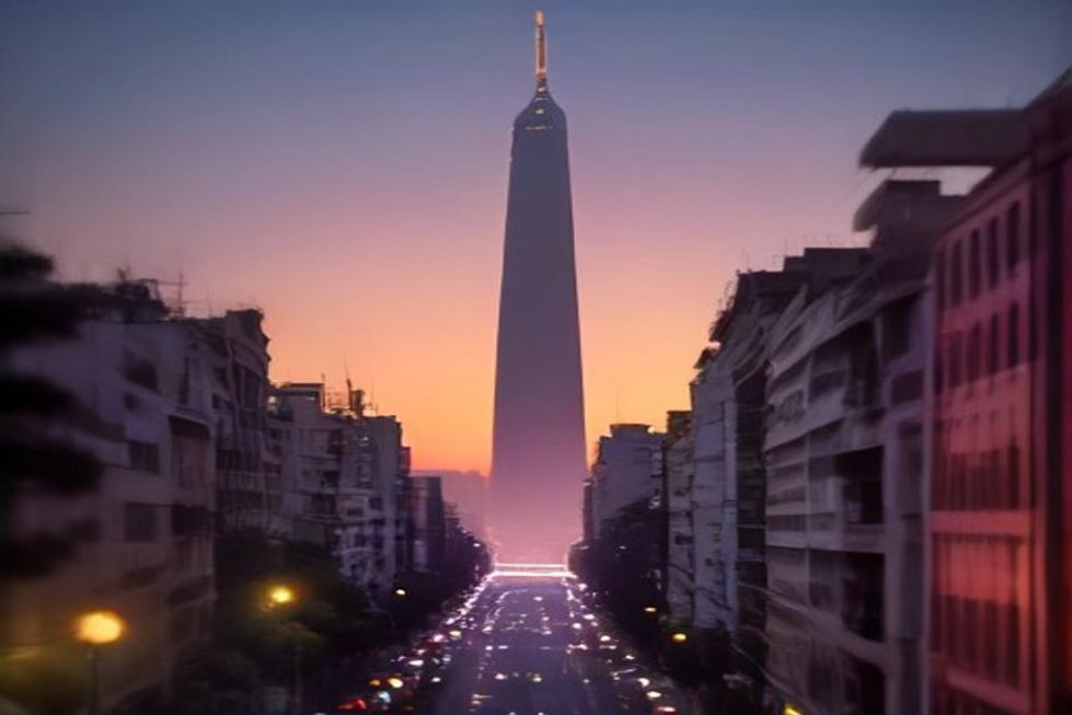 Vista do Obelisco com o céu colorido durante o pôr do sol em Buenos Aires.