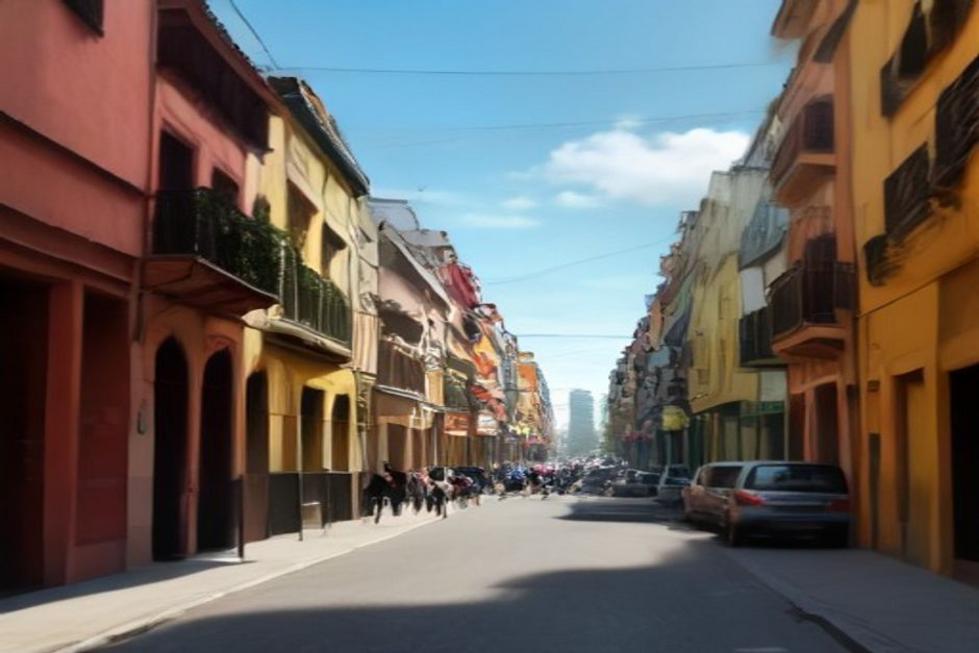 Uma rua vibrante em Buenos Aires repleta de arte de rua e turistas.