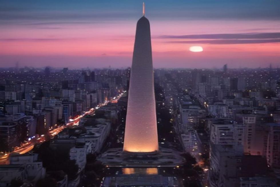 O skyline de Buenos Aires ao pôr do sol, destacando sua arquitetura icônica.